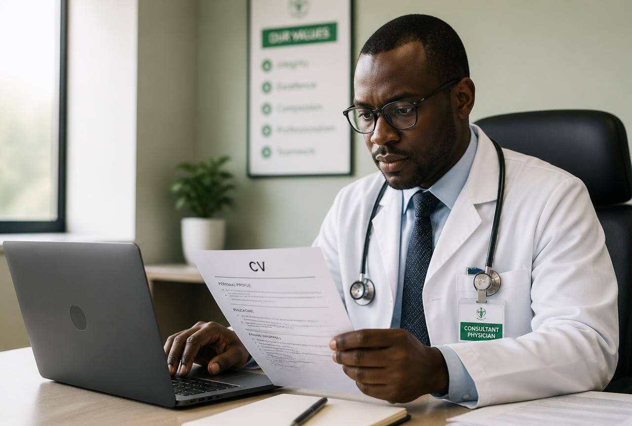 A UNTH consultant physician reviewing his curriculum vitae at a hospital desk
