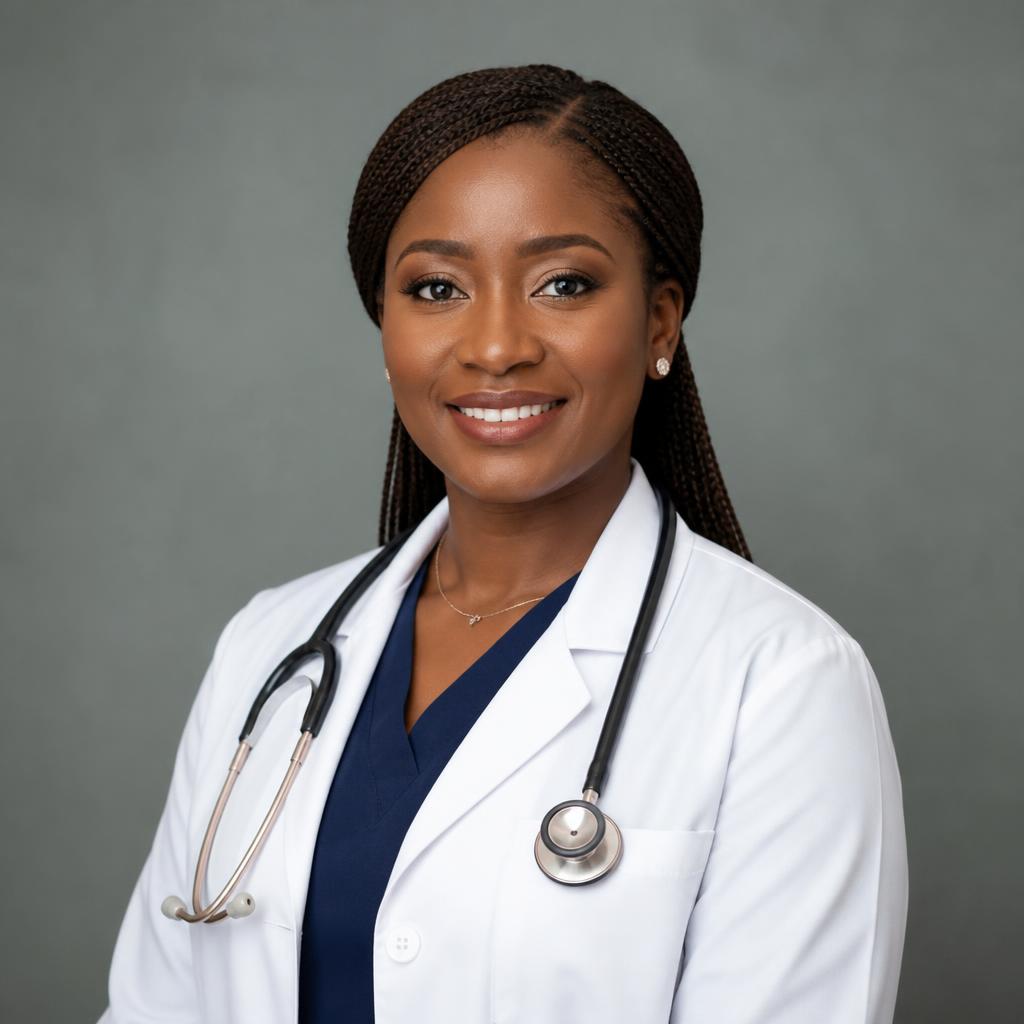 Professional studio portrait of a UNTH doctor in a white coat